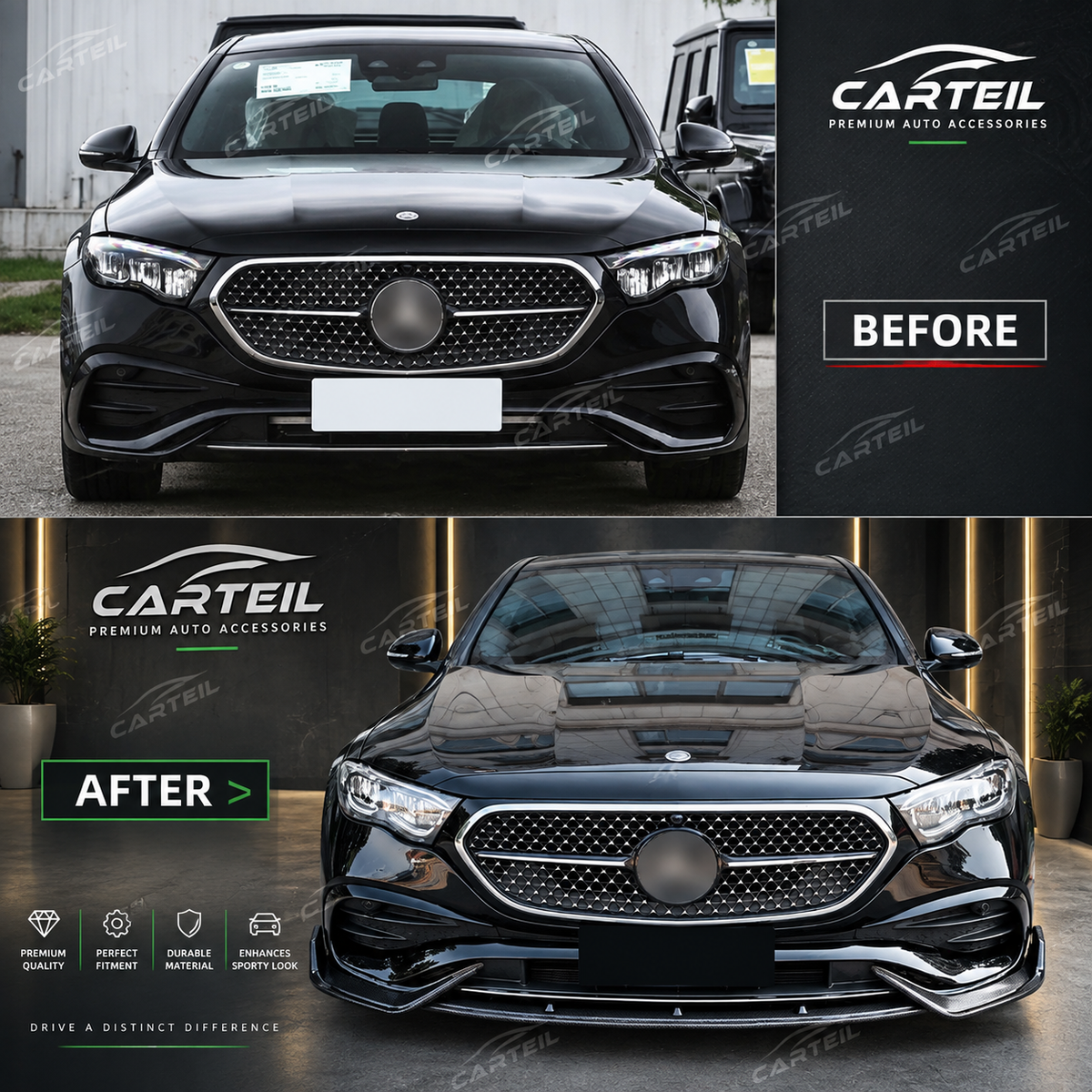 Mercedes-Benz E-Class W214 Front Lip (2024+) | Gloss Black ABS | Adhesive Installation