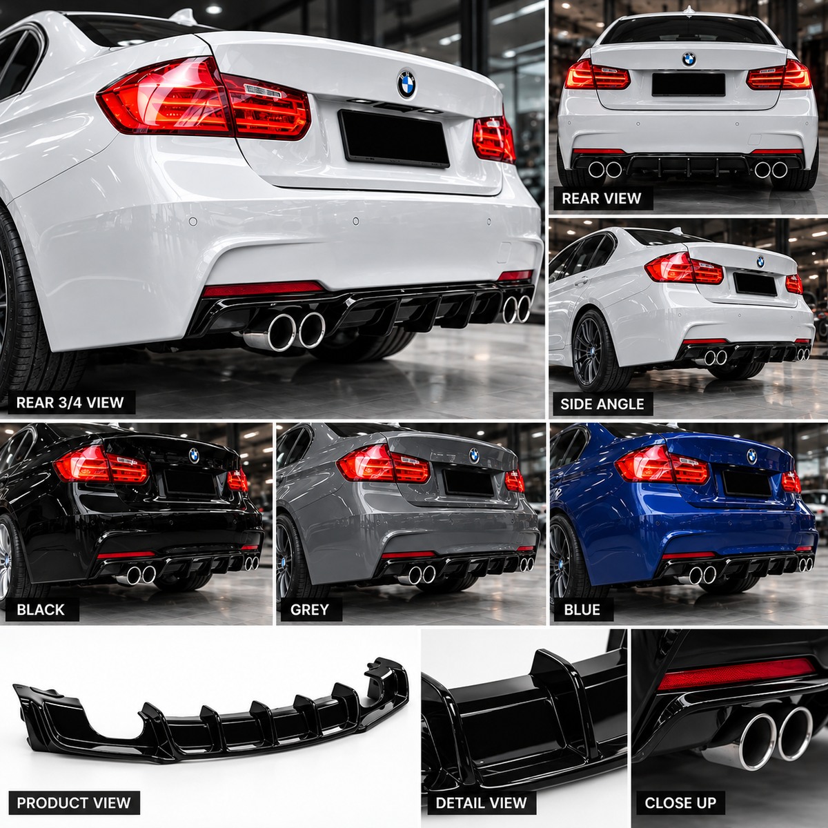 BMW 3 Series F30/F35 (2012-2018) Rear Lip/ Diffuser | For Left & Right Dual Exhaut pipes | Gloss Black ABS | Bolt-On