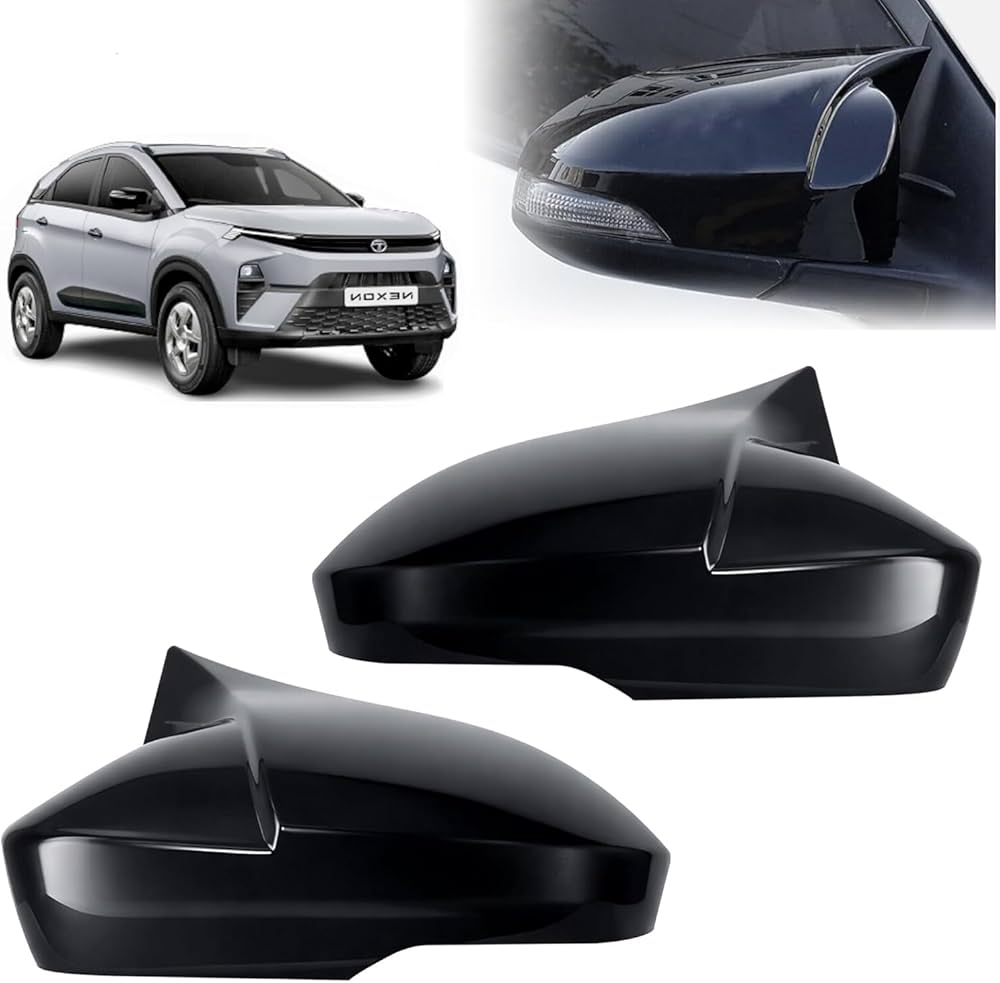Tata Side Mirror Cover Cap Set | Nexon (2016+) | Tiago (2014+/2017+) | Zest (2021+) | Gloss Black ABS | Bolt-On