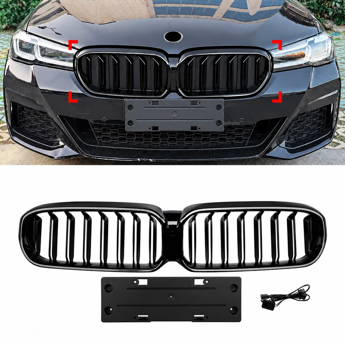 BMW 5 Series G30 (2021+) Front Grille with LED Lamp & License Plate | Gloss Black ABS | Plug & Play
