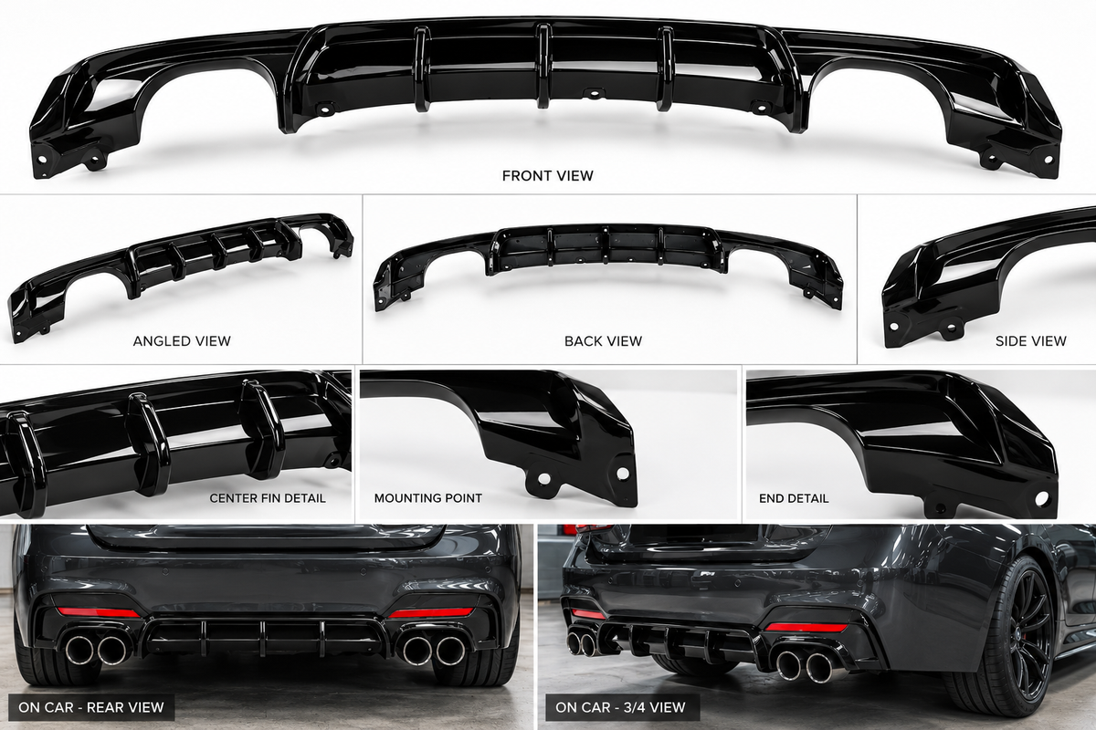 BMW 3 Series F30/F35 (2012-2018) Rear Lip/ Diffuser  | For Left & Right Dual Exhaut pipes | Gloss Black ABS | Bolt-On
