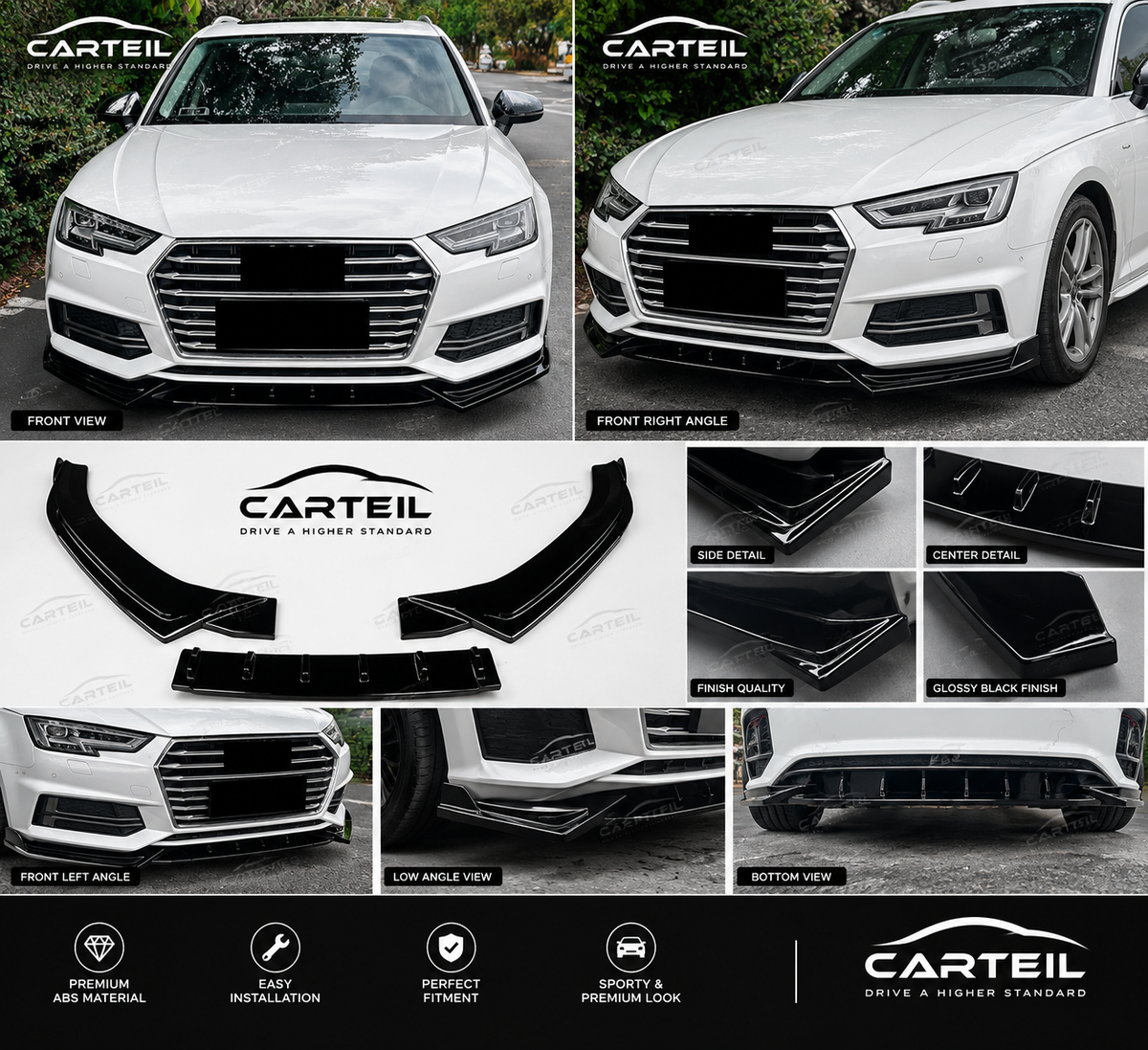 Audi A4 B9 S-Line / S4 Front Lip (2015-2019)| Gloss Black ABS | Adhesive Installation