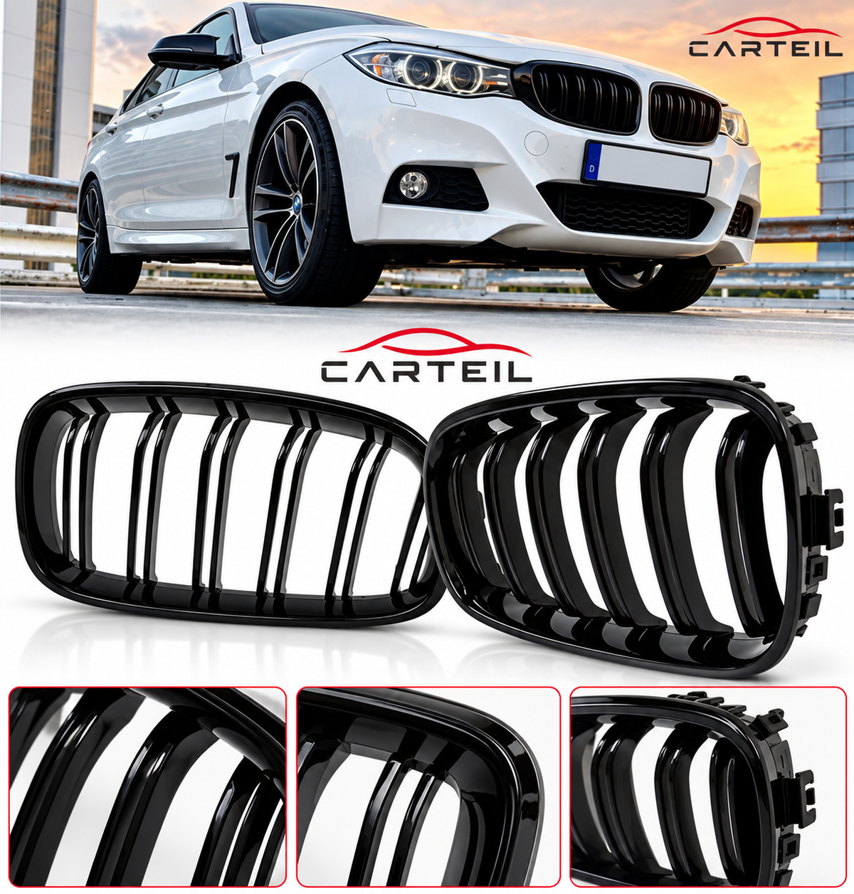 BMW 3-Series GT F34 Double Slat Front Grill (2013-2020)| Gloss Black ABS | Adhesive