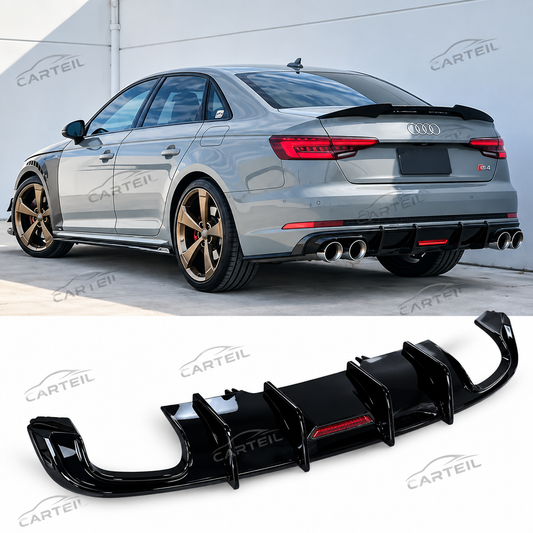 Audi A4 S-Line / S4 B9 Sedan Rear Diffuser with Lamp (2017-2019) | Gloss Black ABS | Plug & Play Installation