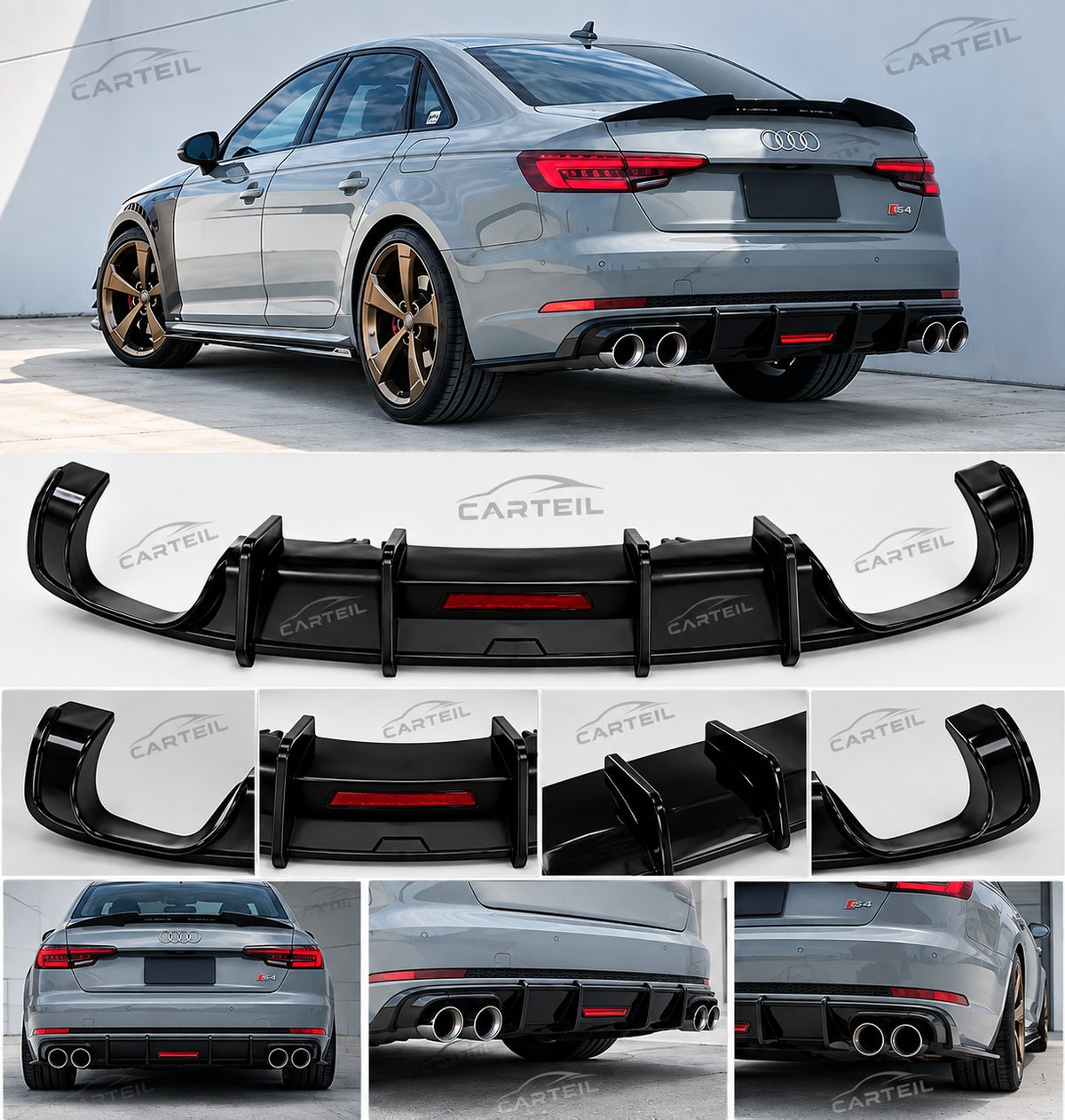 Audi A4 S-Line / S4 B9 Sedan Rear Diffuser with Lamp (2017-2019) | Gloss Black ABS | Plug & Play Installation