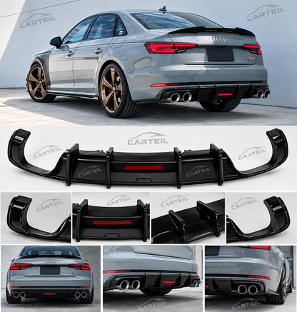 Audi A4 S-Line / S4 B9 Sedan Rear Diffuser with Lamp (2017-2019) | Gloss Black ABS | Plug & Play Installation