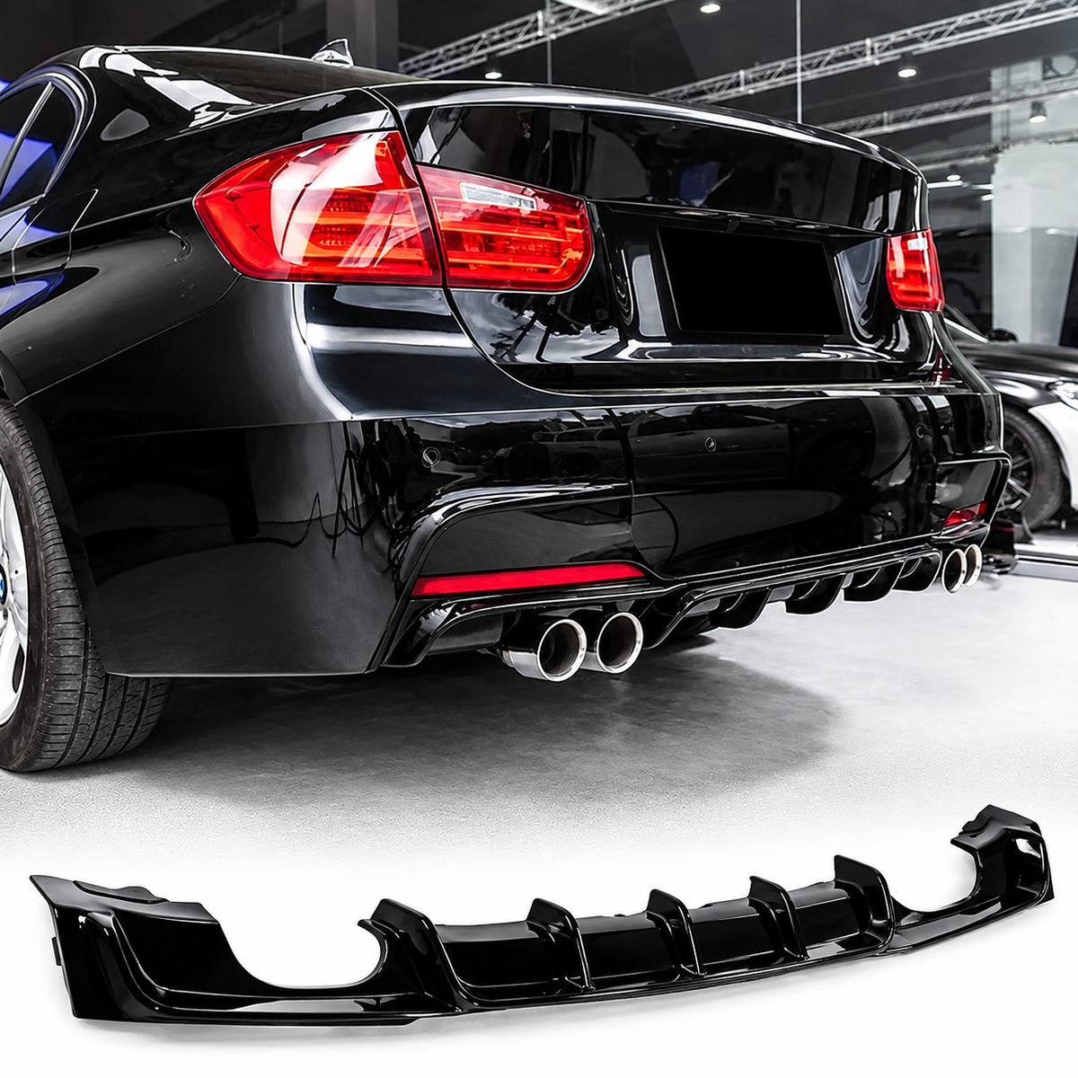 BMW 3 Series F30/F35 (2012-2018) Rear Lip/ Diffuser  | For Left & Right Dual Exhaut pipes | Gloss Black ABS | Bolt-On